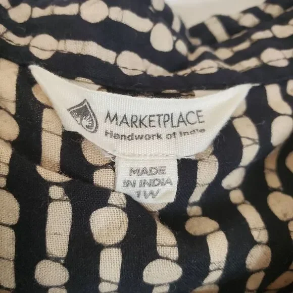 Marketplace Handwork of India Button-up Cotton Printed Shirt Blouse Black Tan 1W - Picture 7 of 12